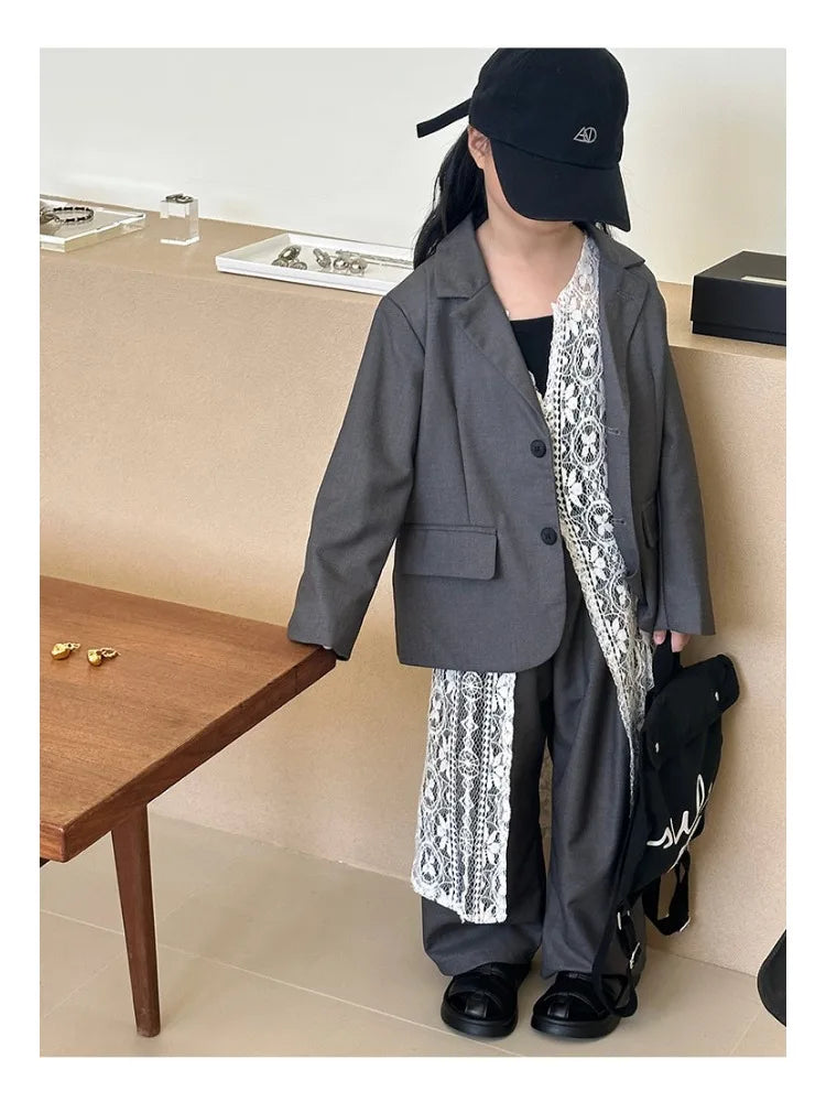 Girls Grey Suit Spring 2026 Casual Loose Blazer Skirt Two Pieces School Uniform for Kids Wedding Party Formal Costumes 2-13 Year