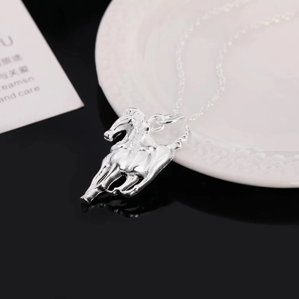 Collar Plata 925 Sterling Silver Mujer Diseño Caballo Elegante - Joyería Lujo Boda Colgante Cadena Moda