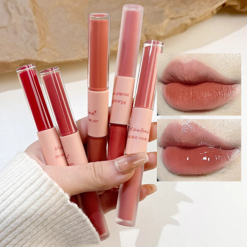 Labial Doble Punta Espejo y Mate Velvet – Brillo Labial 2 en 1 Larga Duración