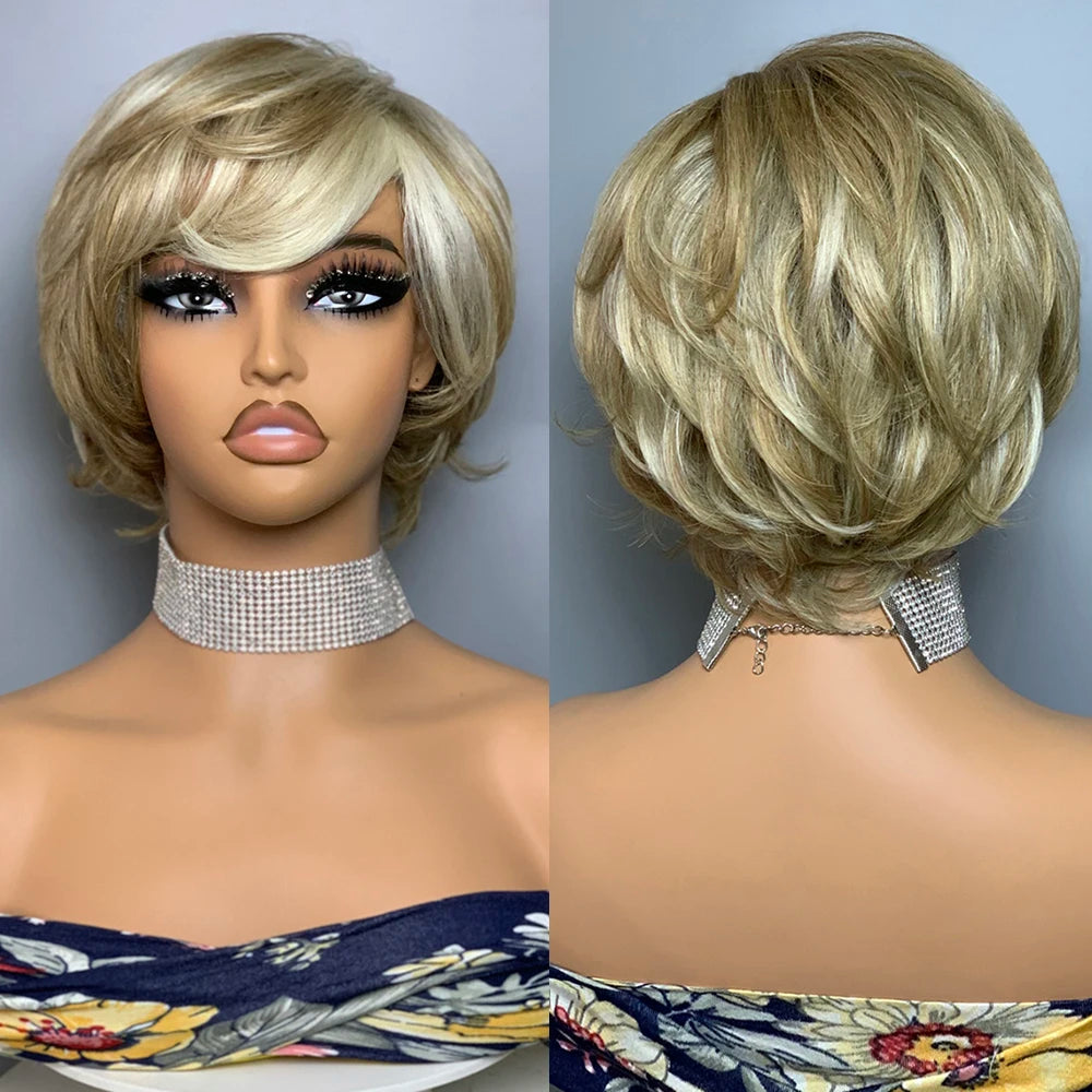 Peluca Pixie Cut Ondulada con Flequillo | Cabello Humano Natural