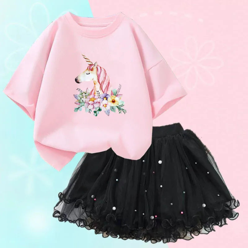 Fashion Summer Girls Clothes Korean Pretty T Shirt&mesh Tutu Skirt Two Piece Outfits Set 3-14 Year Children Party Clothing