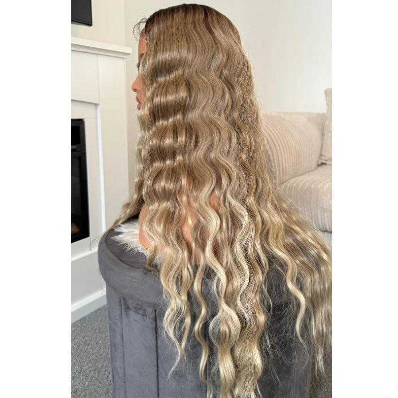 Peluca Frontal de Encaje 13x4 Ondas Profundas Rubia Platino – Sintética Sin Pegamento para Mujer
