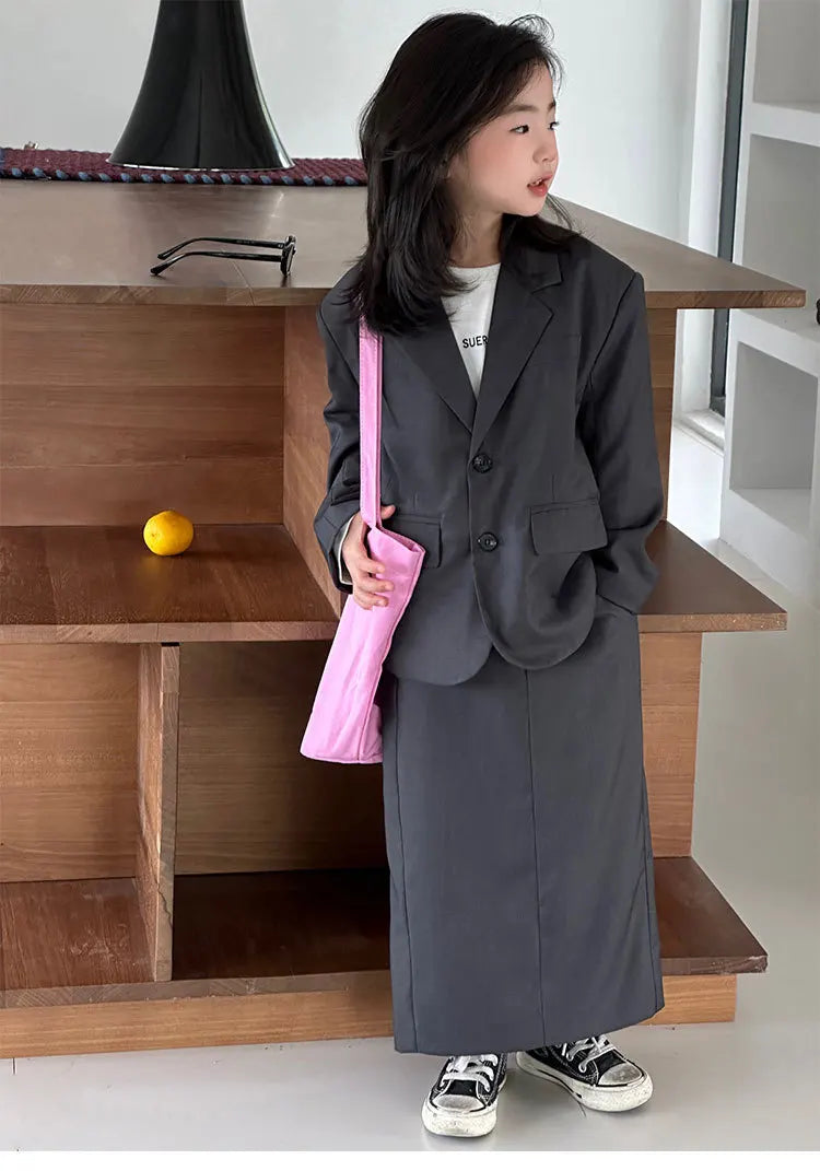 Girls Grey Suit Spring 2026 Casual Loose Blazer Skirt Two Pieces School Uniform for Kids Wedding Party Formal Costumes 2-13 Year