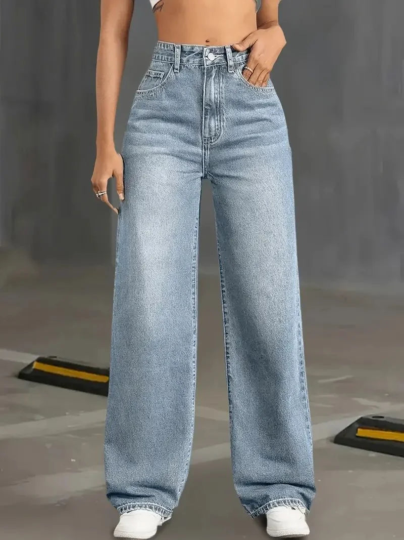 Y2k Jeans Jeans for Woman Classic Blue Elastic Straight Leg Simple Design Retro Style Stretchy Denim Trousers