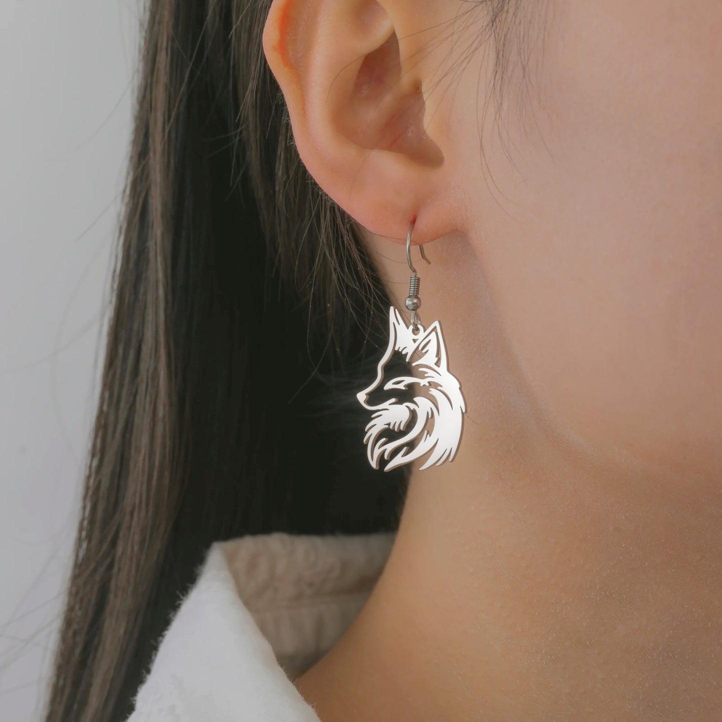 Aretes Colgantes Zorro Acero Inoxidable Dorado