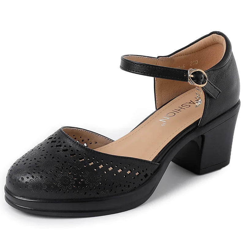 Sandalias Cuero Genuino Tacón Hueco Mujer - Estilo Retro Elegante 2026