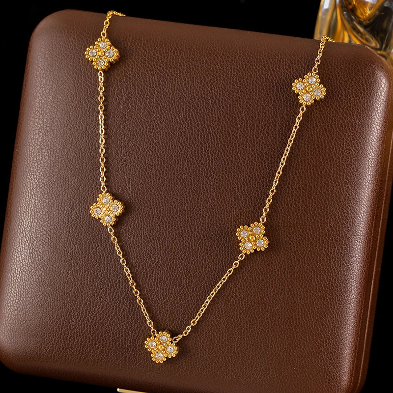 Set Collar Pulsera Aretes Trébol Hoja Zircon Acero Inoxidable para Mujer