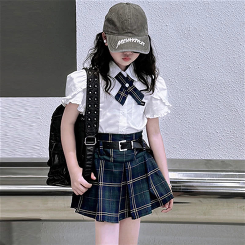 Conjunto Preppy Coreano de Verano para Niña – Blusa + Falda a Cuadros 2 Piezas con Cinturón