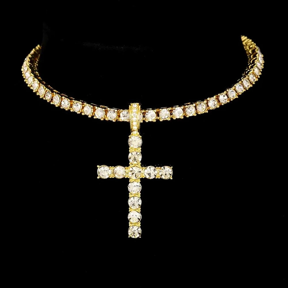 Collar Colgante Cruz Hip Hop con Cadena Tenis Zircon para Hombre y Mujer
