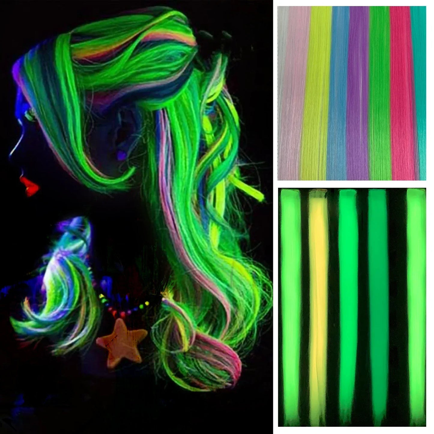 Extensión de Cabello Sintética 20" con Clip que Brilla en la Oscuridad – Mechones Luminosos de Colores