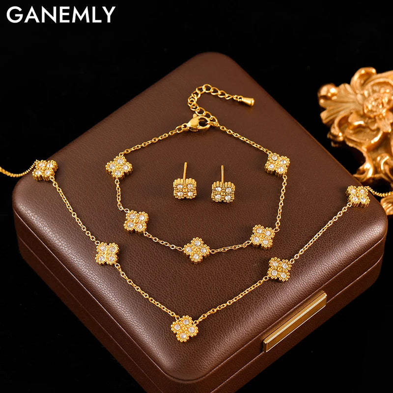 Set Collar Pulsera Aretes Trébol Hoja Zircon Acero Inoxidable para Mujer