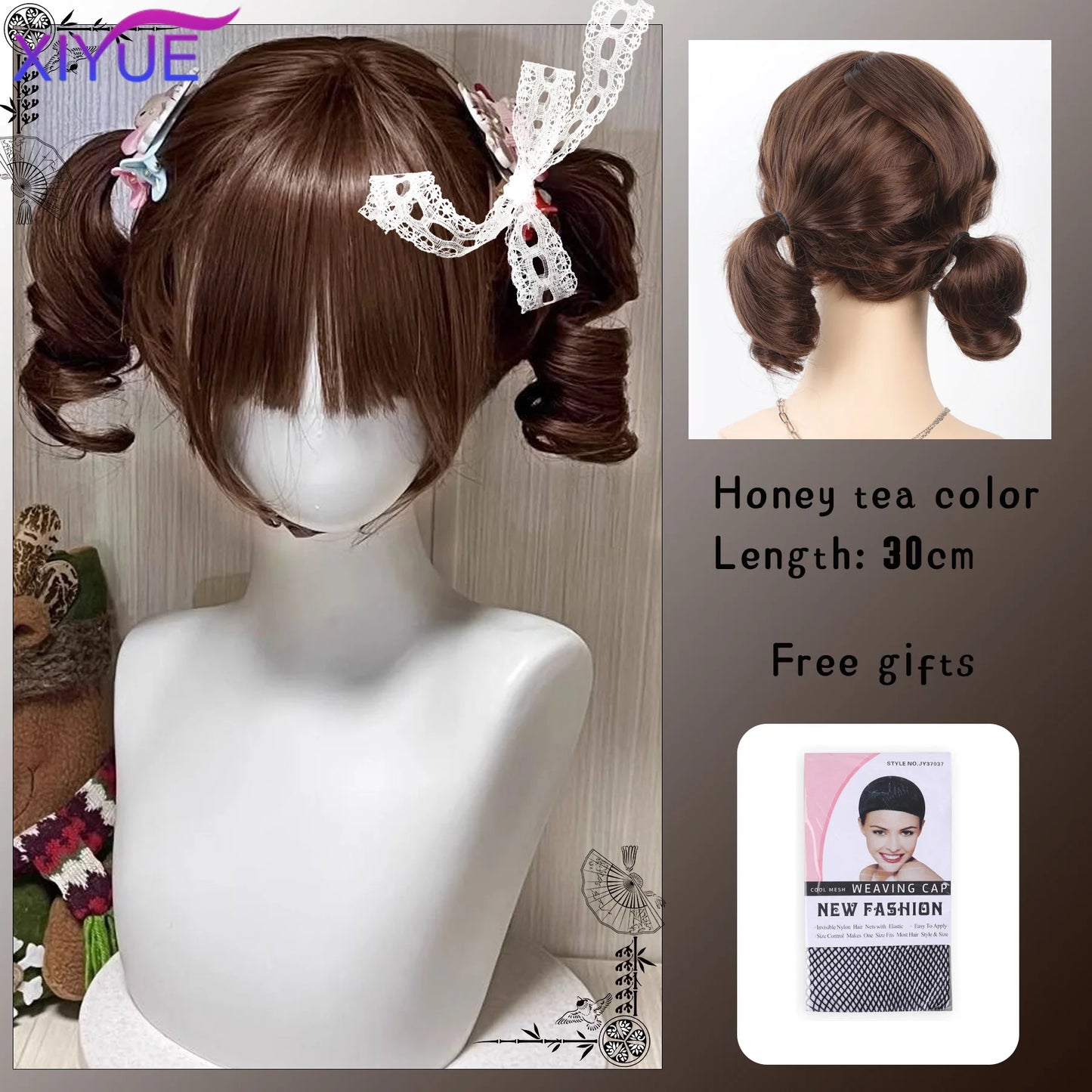 Peluca Sintética Corta con Dobles Coletas Rizadas y Flequillo – Estilo Lolita Cosplay