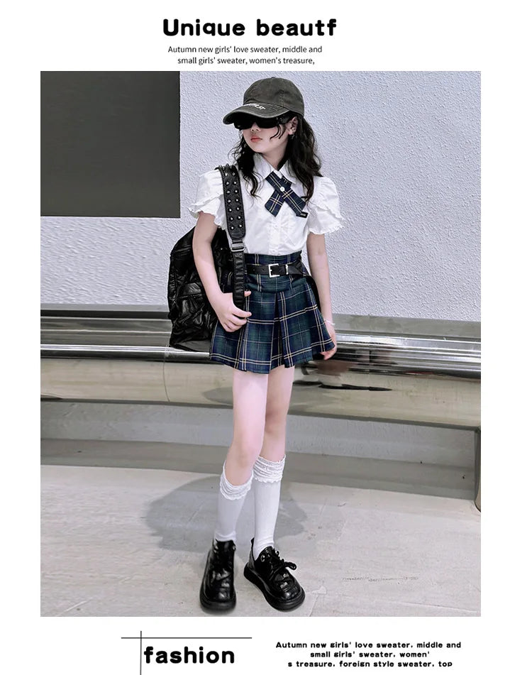 Conjunto Preppy Coreano de Verano para Niña – Blusa + Falda a Cuadros 2 Piezas con Cinturón