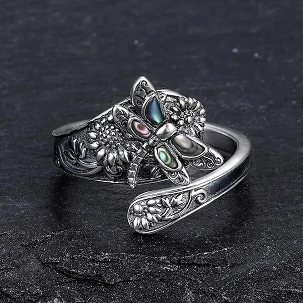 Anillo Vintage Flor Libellúla Ópalo Azul Ajustable Unisex