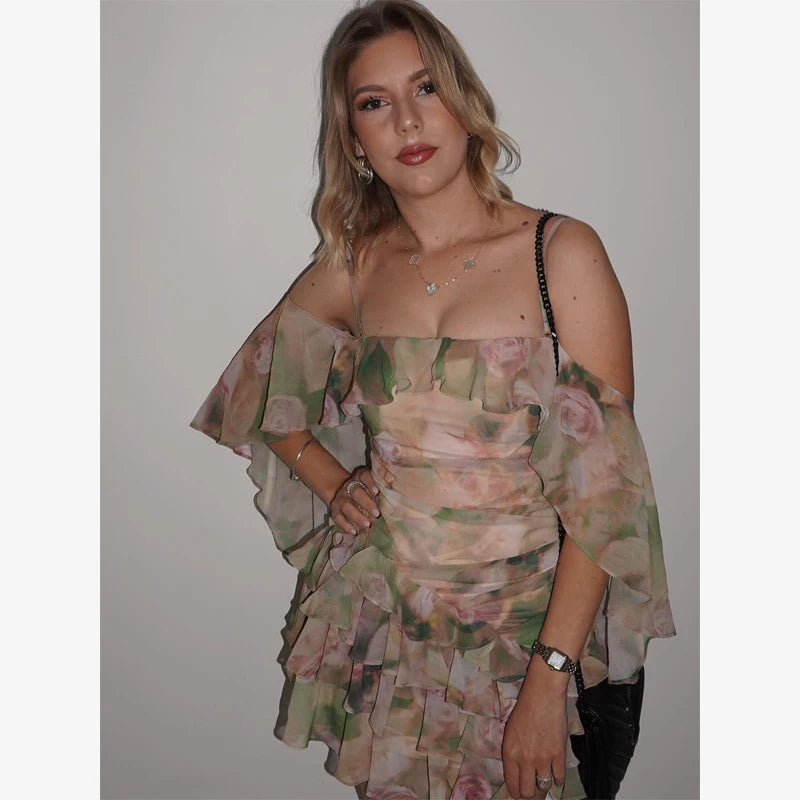 Vestido de Chifón con Volantes Sin Tirantes | Espalda Descubierta Mini Mujer