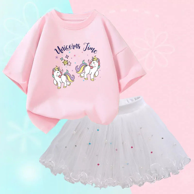 Fashion Summer Girls Clothes Korean Pretty T Shirt&mesh Tutu Skirt Two Piece Outfits Set 3-14 Year Children Party Clothing