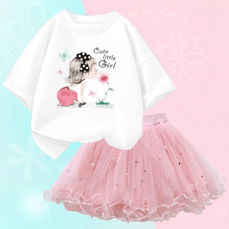 Fashion Summer Girls Clothes Korean Pretty T Shirt&mesh Tutu Skirt Two Piece Outfits Set 3-14 Year Children Party Clothing