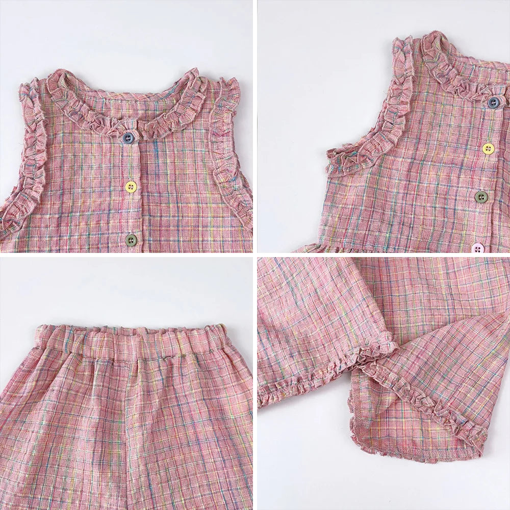 Bear Leader Summer Kids Fashion Outfits Girls Clothing Sets Pink Plaid Sleeveless Top + Wide Leg Pants Lace Two-piece Suits