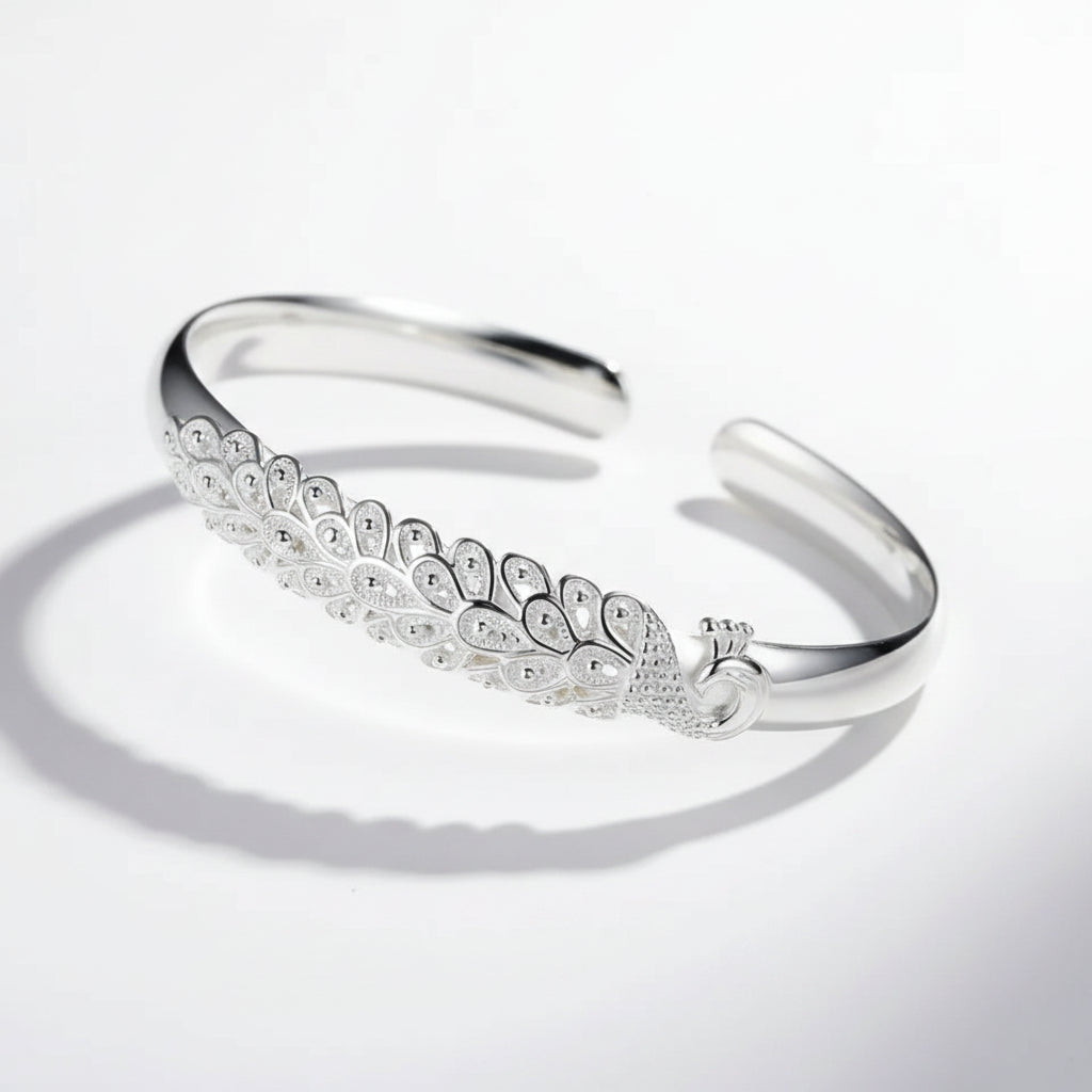 Pulsera Plata 925 Sterling Silver Pavo Real Elegante Apertura - Brazalete Mujer Moda Fiesta Boda Accesorio Regalo