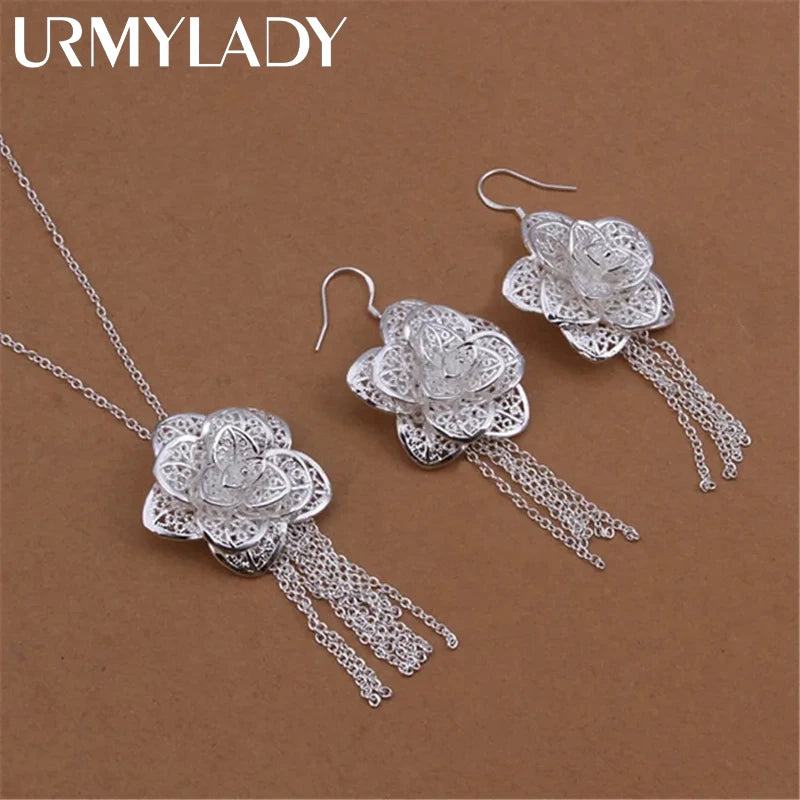 Set Collar y Aretes Flores Plata 925 Navidad