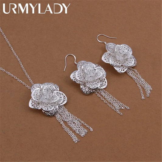 Set Collar y Aretes Flores Plata 925 Navidad