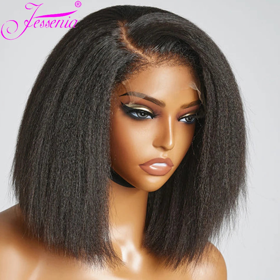 300Density Kinky Straight Wear Go Glueless 100% Human Raw Hair Tissage Wig HDTransparent Lace Closure Yaki Bob Wig CheveuxHumain