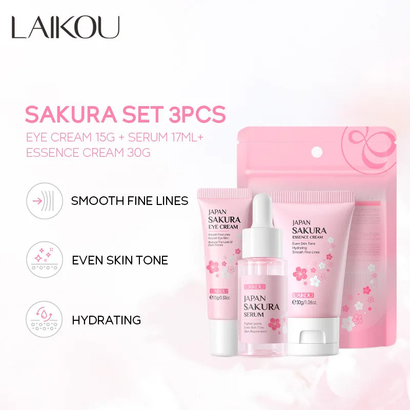 Set LAIKOU 3 Piezas – Crema Facial, Sérum y Contorno de Ojos Vitamina C, Sakura o Caracol Dorado