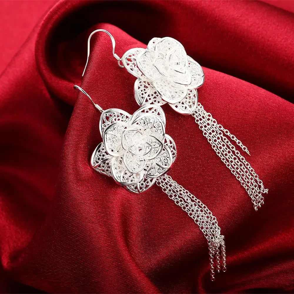 Set Collar y Aretes Flores Plata 925 Navidad