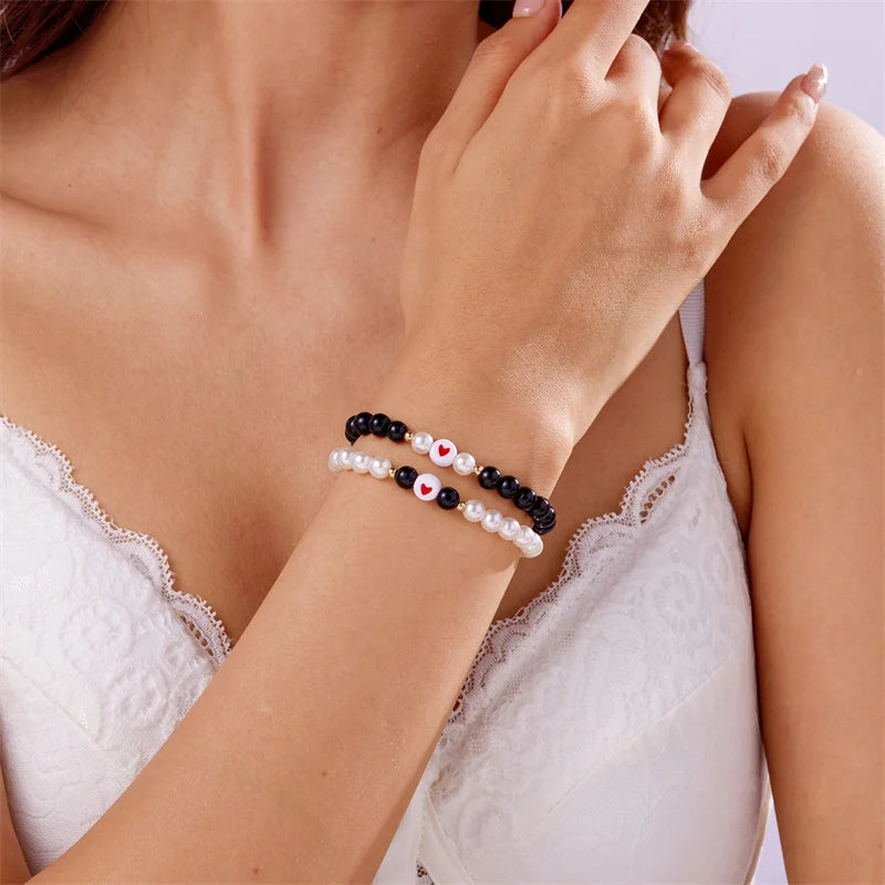 Set 2 Pulseras Pareja Cuentas Corazón San Valentín