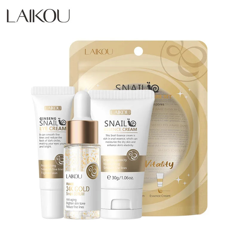 Set LAIKOU 3 Piezas – Crema Facial, Sérum y Contorno de Ojos Vitamina C, Sakura o Caracol Dorado