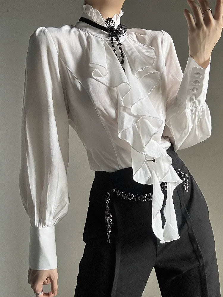 Camisa Vintage Gótica Negra Base Mujer Y2k Harajuku Cuello Alto Volantes Ajustada Blusas Japonesa Elegante Manga Larga Tops Nueva