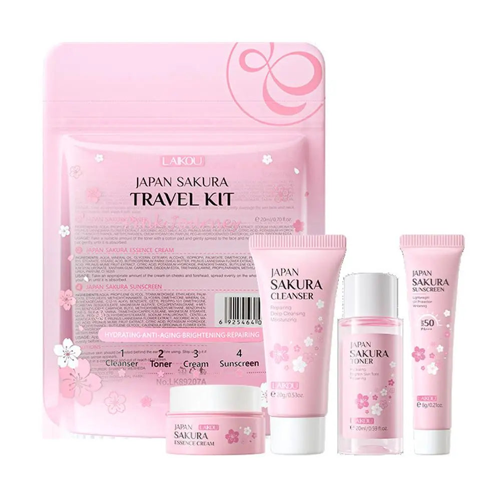 LAIKOU Set Skincare Sakura – Limpiador, Toner, Crema Facial y Protector Solar | Kit Viaje