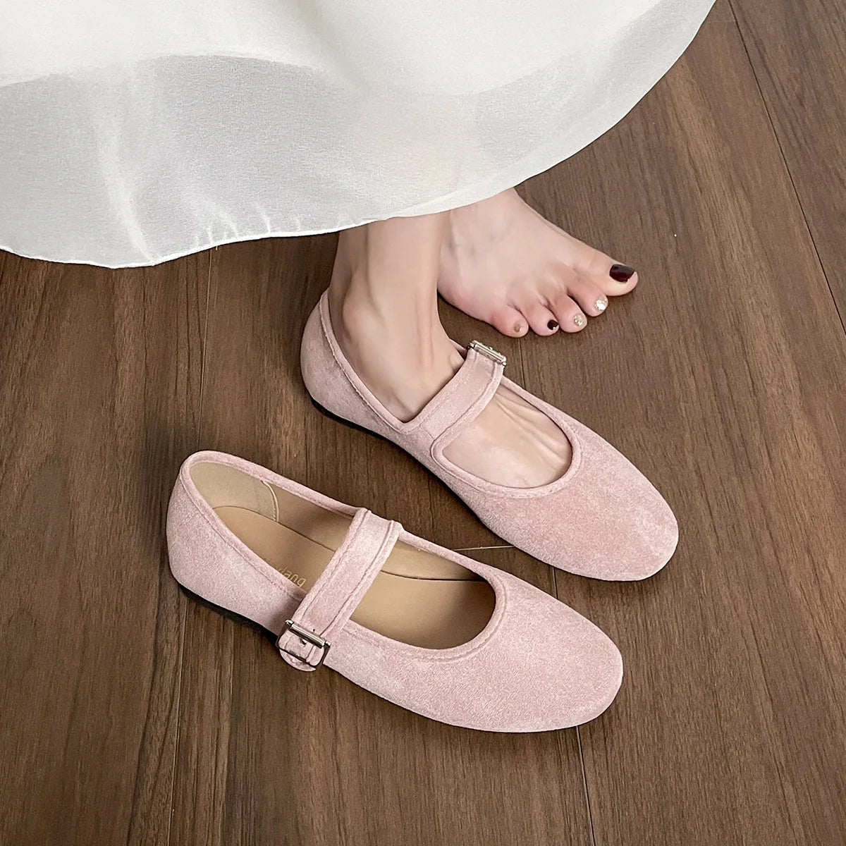Zapatos Ballet Mary Jane Mujer - Punta Redonda Gamuza Rosa Talla Grande