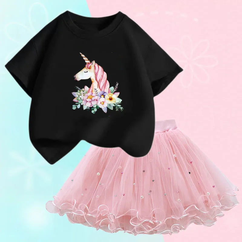 Fashion Summer Girls Clothes Korean Pretty T Shirt&mesh Tutu Skirt Two Piece Outfits Set 3-14 Year Children Party Clothing