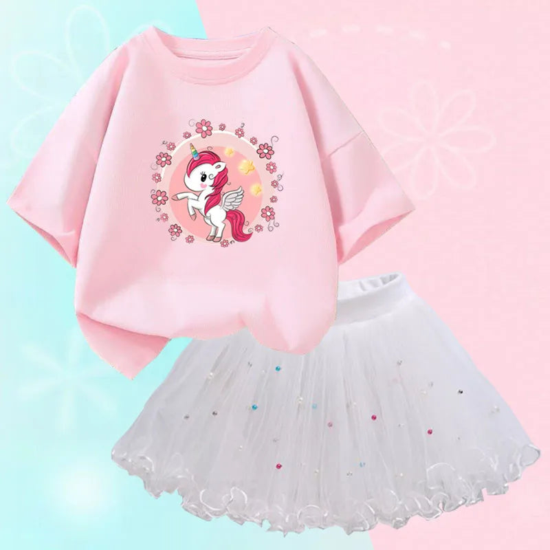 Fashion Summer Girls Clothes Korean Pretty T Shirt&mesh Tutu Skirt Two Piece Outfits Set 3-14 Year Children Party Clothing