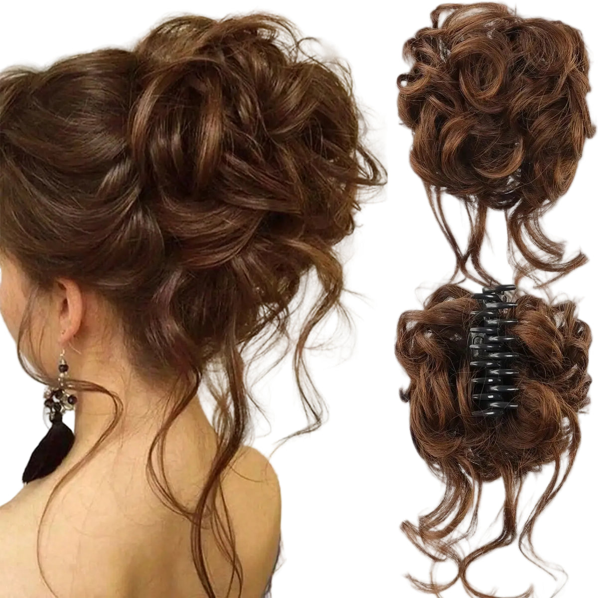 Moño Rizado Despeinado Sintético con Garra – Extensión Scrunchie Falso para Mujer | Color Castaño Claro