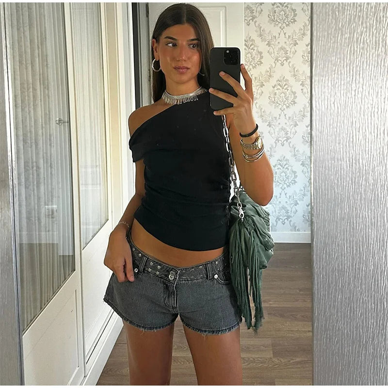 Front Bodycon 2026 Summer EdgyLeopard Rivet Star Embellished Denim Shorts Botton Women Bottoms Fashion Wild Casual Daily Shorts