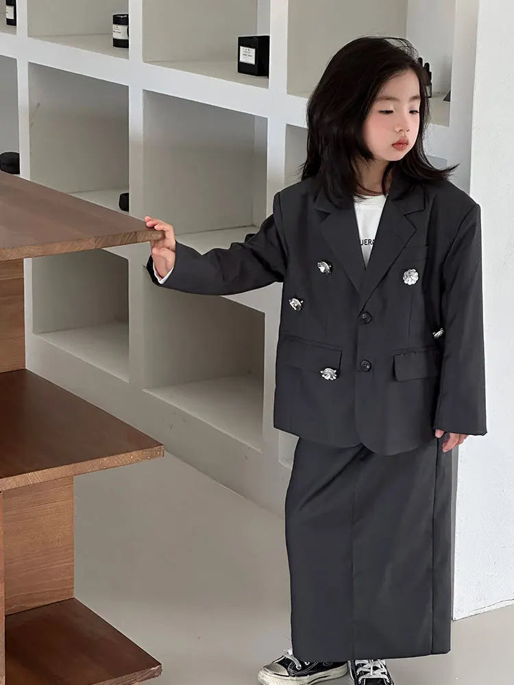 Girls Grey Suit Spring 2026 Casual Loose Blazer Skirt Two Pieces School Uniform for Kids Wedding Party Formal Costumes 2-13 Year