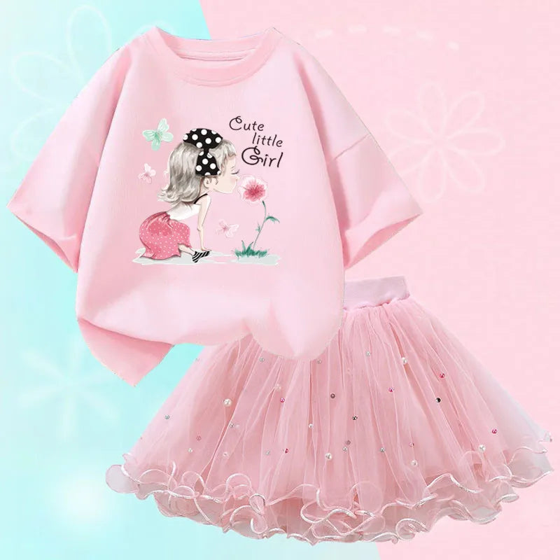 Fashion Summer Girls Clothes Korean Pretty T Shirt&mesh Tutu Skirt Two Piece Outfits Set 3-14 Year Children Party Clothing