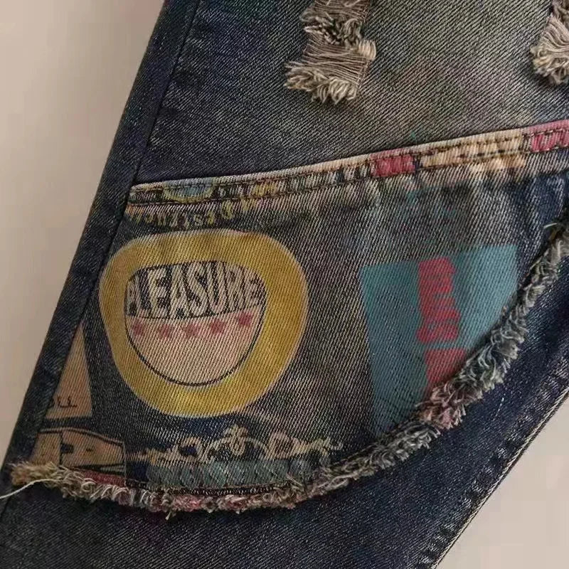 New Women Embroidery Retro Denim Jeans 2024 Spring Autumn High Waist Nine Points Cowboy Trousers Denim Harlan Pants Femme