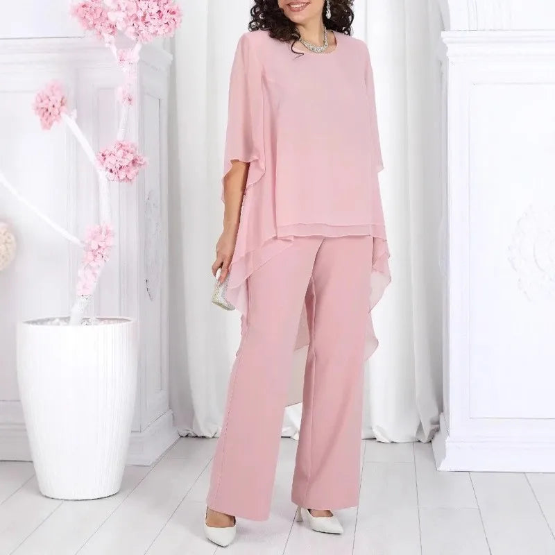 Conjunto Elegante 2 Piezas Mujer Chiffón Sólido Manga Media Top Largo con Capas Bordes Volantes y Pantalones Rectos Outfits