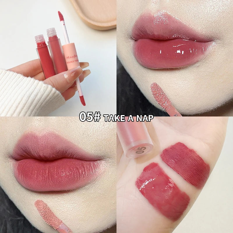 Labial Doble Punta Espejo y Mate Velvet – Brillo Labial 2 en 1 Larga Duración