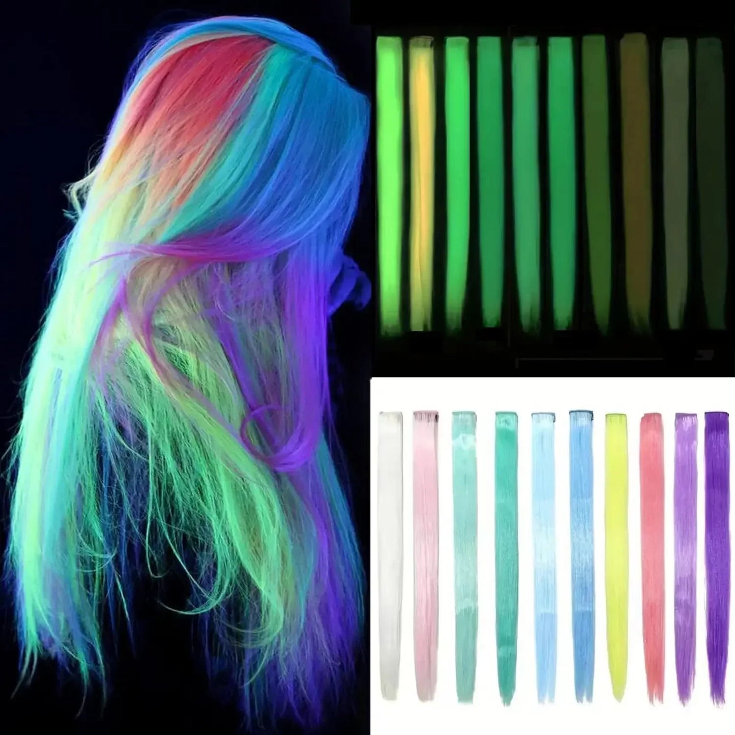 Extensión de Cabello Sintética 20" con Clip que Brilla en la Oscuridad – Mechones Luminosos de Colores