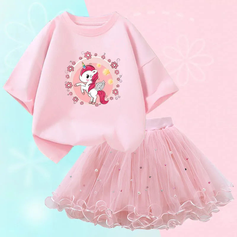 Fashion Summer Girls Clothes Korean Pretty T Shirt&mesh Tutu Skirt Two Piece Outfits Set 3-14 Year Children Party Clothing
