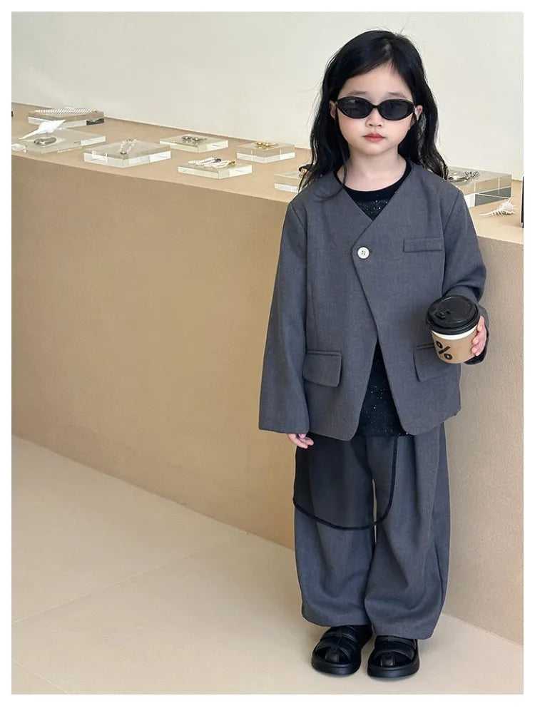 Girls Grey Suit Spring 2026 Casual Loose Blazer Skirt Two Pieces School Uniform for Kids Wedding Party Formal Costumes 2-13 Year