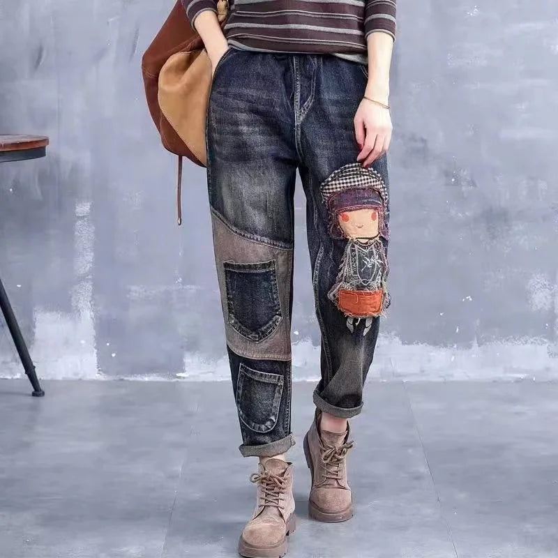 New Women Embroidery Retro Denim Jeans 2024 Spring Autumn High Waist Nine Points Cowboy Trousers Denim Harlan Pants Femme