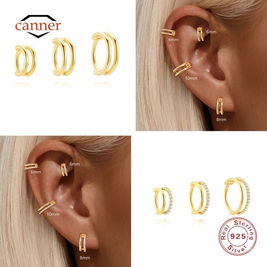 Aretes Clip Aro Doble Capa CZ Plata 925 Piercing para Mujer