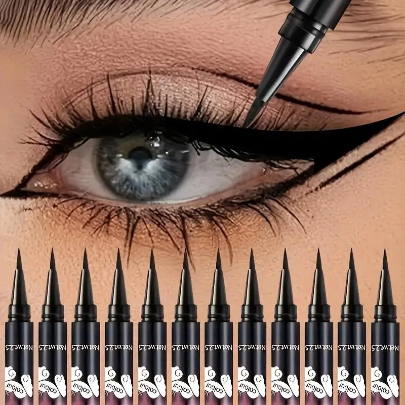Set 12 Delineadores Líquidos Negros Waterproof Larga Duración - Maquillaje Ojos Profesional Mujer