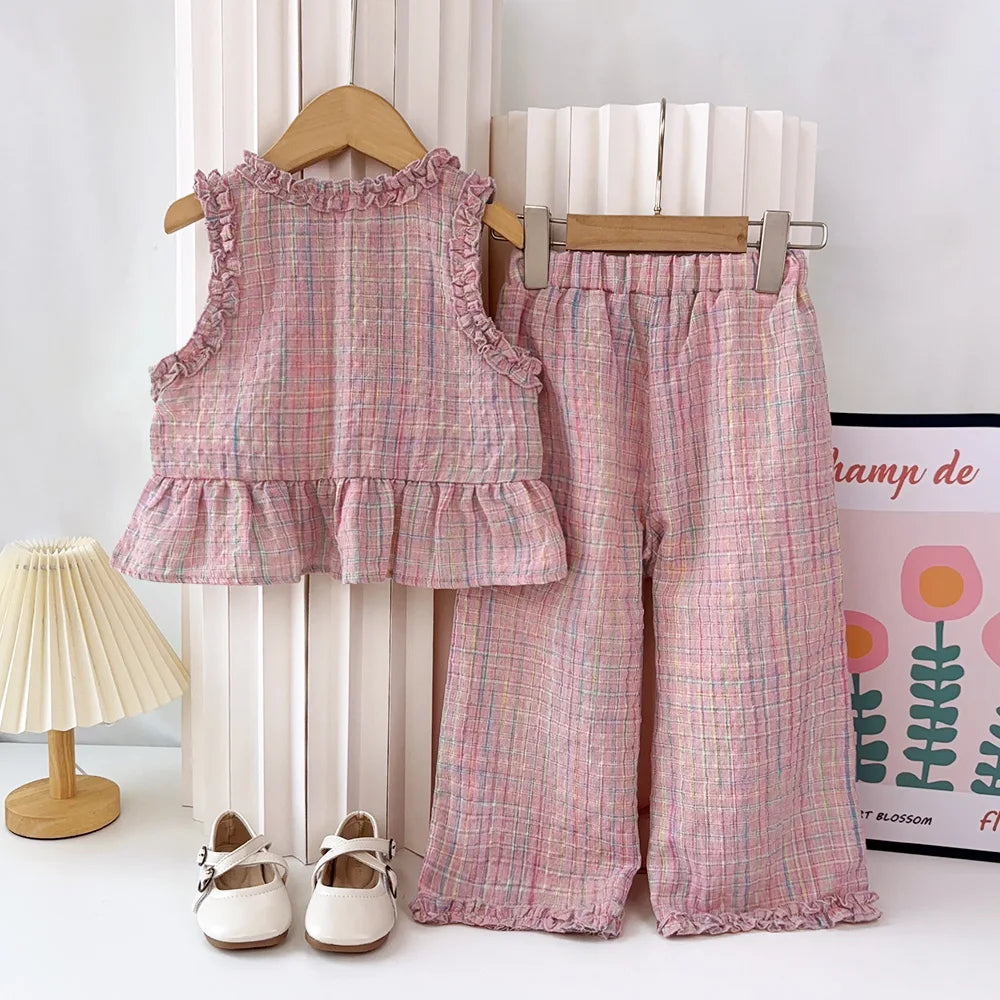 Bear Leader Summer Kids Fashion Outfits Girls Clothing Sets Pink Plaid Sleeveless Top + Wide Leg Pants Lace Two-piece Suits