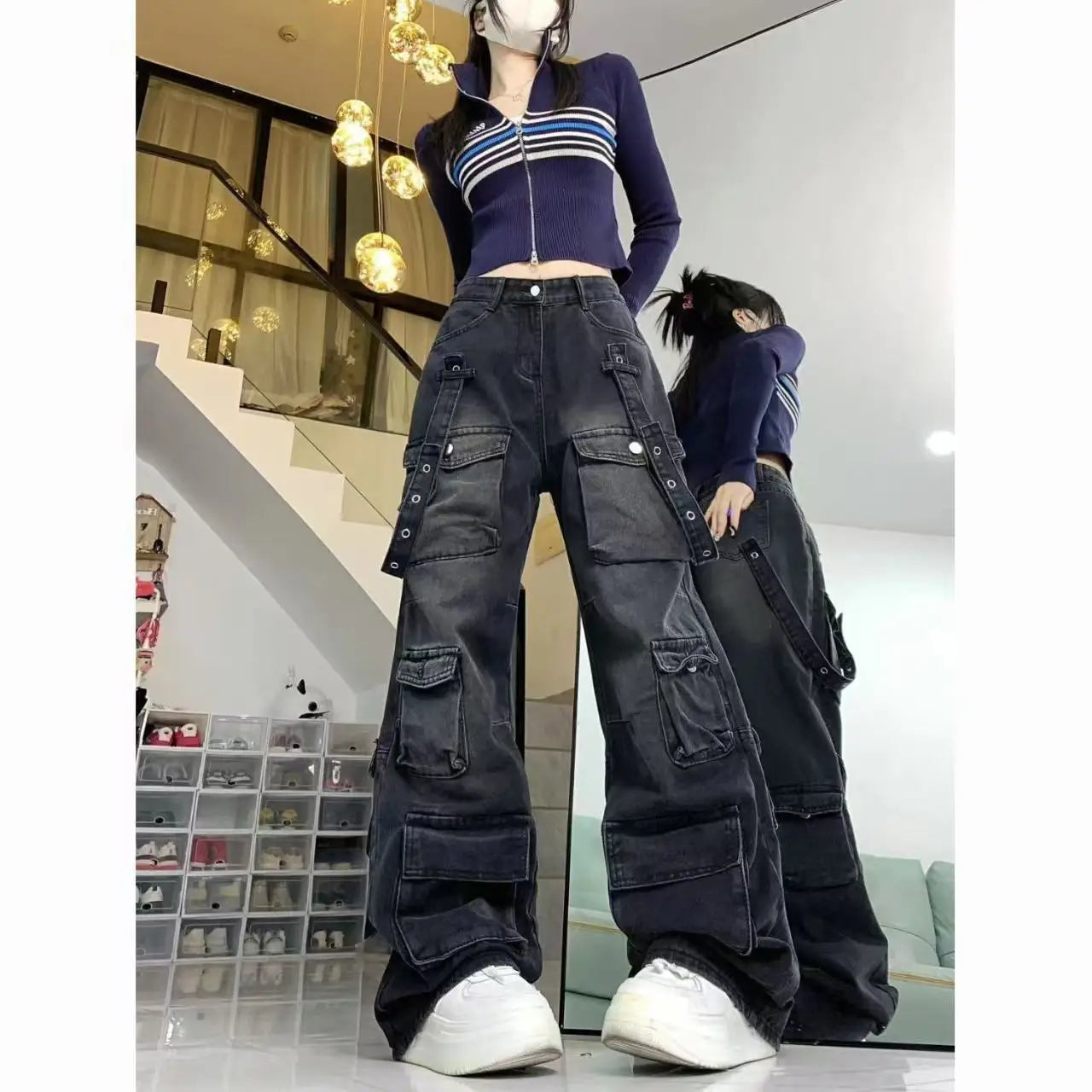 2025 Y2K European and American Harajuku Wide Loose Jeans Wide Legs Gothic Punk Multi-Pocket Hip-hop Washed New High Street Y2k
